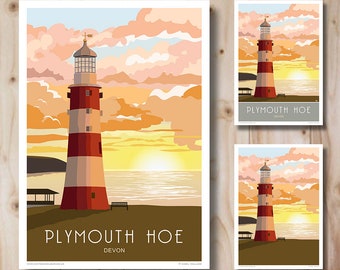 Plymouth Hoe Print, Smeaton's Tower, Devon. Travel Poster. Retro Art