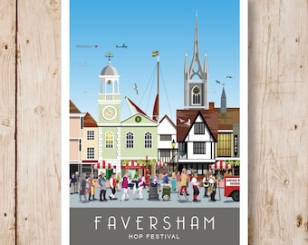 Póster del Festival de Lúpulo de Faversham. Impresión artística de póster de viajes/ferrocarril. Formato vertical u horizontal (A4, A3, A2, A1). Disponible en otros tamaños.