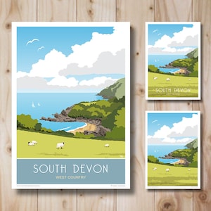 Affiche de voyage dans le sud du Devon, impression de voyage dans le Devon. Impression d&#39;art. Impression d&#39;art rétro