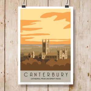 Canterbury Cathedral sunset from University Road, orange. Railway Style Poster. A4, A3, A2, A1. Other sizes now available