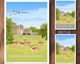 Holkham Hall Deer Art Print, Retro Travel Poster, North Norfolk
