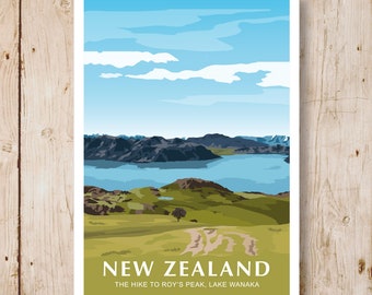Roys Peak New Zealand travel poster. Lake Wanaka.