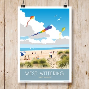West Wittering Beach and Dunes, Sussex. A4, A3, A2, A1. Art Deco, Retro style