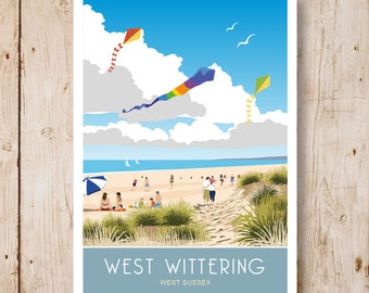 West Wittering Beach and Dunes, Sussex. A4, A3, A2, A1. Art Deco, Retro style