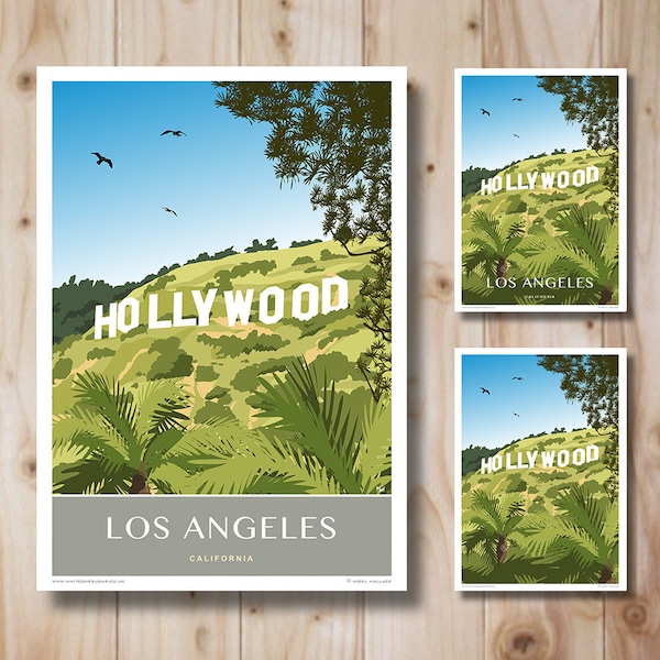 Hollywood Sign Los Angeles, California, America, Art Deco style design, Poster, Print. Travel Poster. Three versions available.