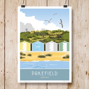 Pakefield, Lowestoft, Beach Huts, Sand Dunes. Suffolk. Railway Style Poster. A4, A3, A2, A1. Other sizes now available
