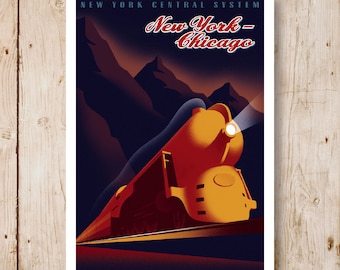Spoorwegposter New York naar Chicago. A4, A3, A2, A1. Art Deco-kunstafdruk. Reisposter Amerika, VS
