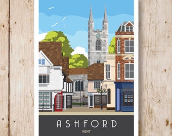 Ashford. Impresión artística estilo póster ferroviario en tamaños A4, A3, A2 y A1. Disponible en otros tamaños.
