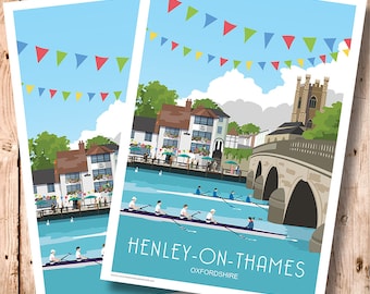 Henley Rowers in Oxfordshire during the Regatta. Travel Poster, Art, Print. Portrait A4, A3, A2, A1.
