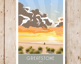 Greatstone Beach Sunrise, zwischen Dungeness und New Romney, Kent. A4, A3, A2, A1 Travel Poster 2 Versionen