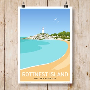 May include: A colorful illustration of a lighthouse on a small island with a sandy beach and turquoise water. The text "ROTTNEST ISLAND WESTERN AUSTRALIA" is at the bottom of the image.