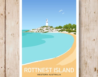 Pinky Beach, Rottnest Island, Perth, Australie. A4, A3, A2, A1 de style rétro Art déco