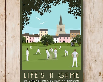 Life&#39;s a Game. Cricket on a Sunday afternoon. Art Print, Travel Poster. A4, A3, A2 and A1