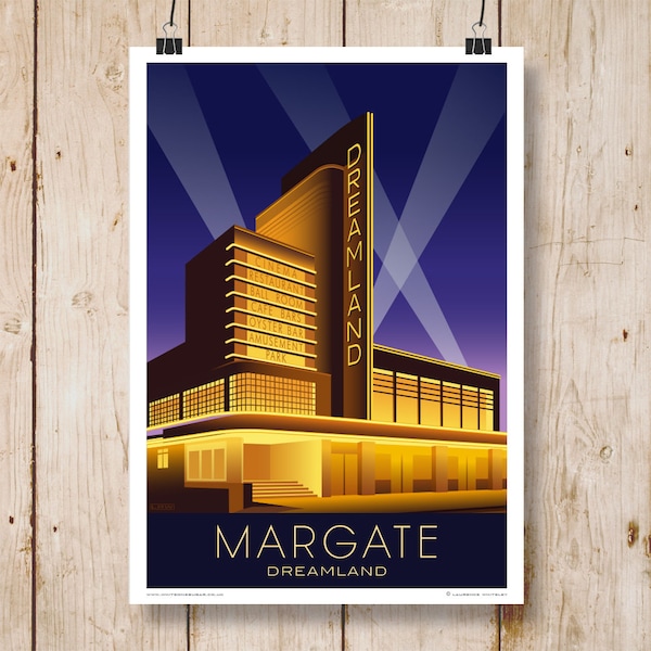 Dreamland poster at Night or Day, Margate, Thanet, Kent. Travel poster of the Art Deco Dreamland Building, Margate.