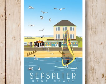 Seasalter Beach. Art Deco style print of Seasalter beach, Kent. A4, A3, A2, A1 in Retro design