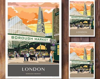 Borough Market Sunset, Southwark, London. Travel Poster Retro Art print.