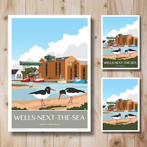 Wells-next-the-Sea Oystercatchers, North Norfolk. Retro Art Deco style design, Travel PosterArt Print.