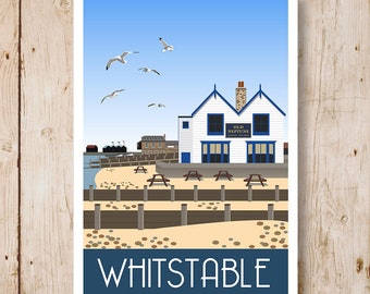 The Old Neptune Pub on the Beach, Whitstable, Kent Coast. A4, A3, A2, A1 Retro Style Travel Poster.