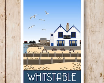 The Old Neptune Pub on the Beach, Whitstable, Kent Coast. A4, A3, A2, A1 Retro Style Travel Poster. Other sizes now available