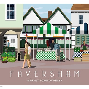 May include: A colorful illustration of a market scene in Faversham, England. The image features a street with buildings on either side, and several market stalls with striped awnings. People are walking around and shopping at the stalls. The text "Faversham Market Town of Kings" is at the bottom of the image.