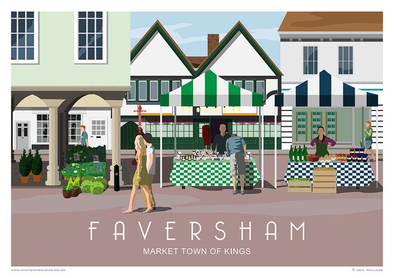 May include: A colorful illustration of a market scene in Faversham, England. The image features a street with buildings on either side, and several market stalls with striped awnings. People are walking around and shopping at the stalls. The text "Faversham Market Town of Kings" is at the bottom of the image.