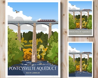 Pontcysyllte Aqueduct Wales, Art Deco style design, Poster, Print. Travel Poster