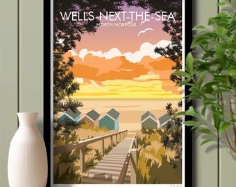 Wells next the Sea Beach Evening Sky, North Norfolk, Travel Poster, Unframed print.