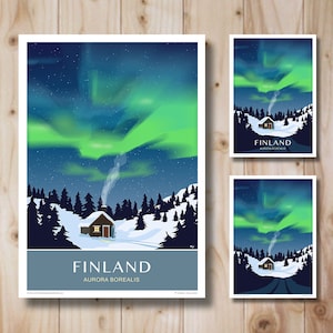 Northern Lights in Finland, Aurora Borealis. Travel Poster. A4, A3, A2, A1 Three versions available. Norway, Sweden, Finland, Iceland