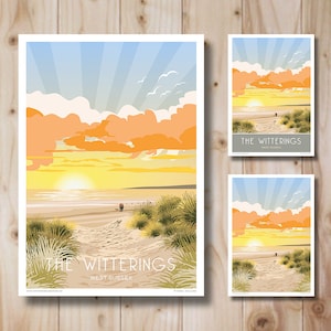 May include: A colourful illustration of a sunset over a beach with a path leading through the dunes. The text "The Witterings, West Sussex" is at the bottom of the image.