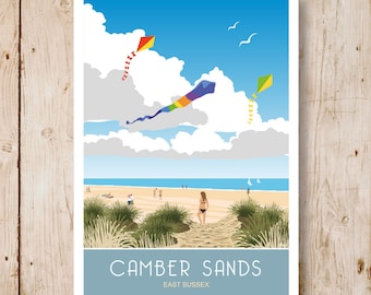 Camber Sands, Sussex, Portrait. A4, A3, A2, A1 in Retro, Art Deco style design