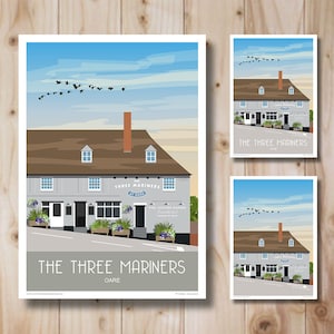 The Three Mariners, Oare, Faversham. Kent. Portrait, Retro, Art Deco style, Print. Travel Poster.