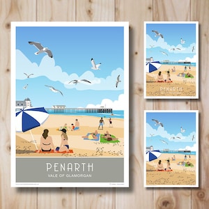 May include: A colorful illustration of a beach scene with people relaxing on the sand, a pier in the background, and seagulls flying overhead. The text "PENARTH VALE OF GLAMORGAN" is at the bottom of the image.