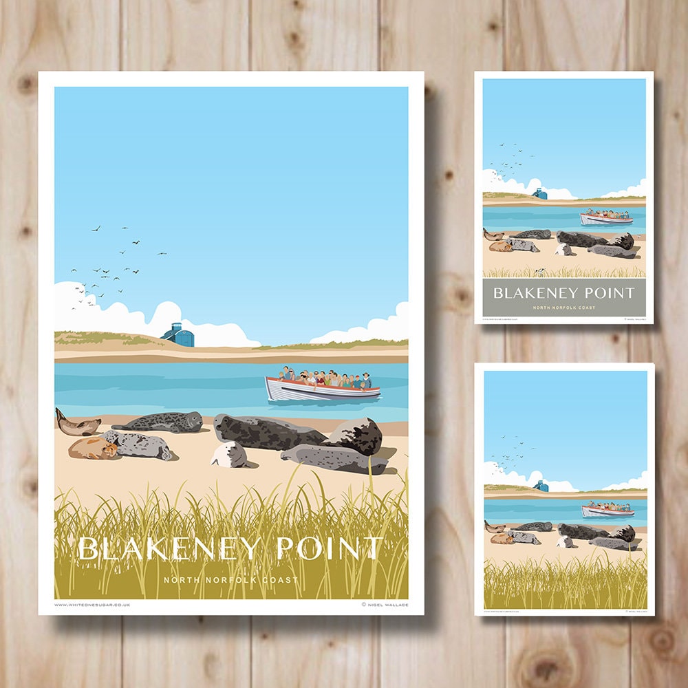 Blakeney Point Seals, Beans Boats, Blakeney Harbour, North Norfolk. Retro Art Deco style design, Travel Poster, Art Print.