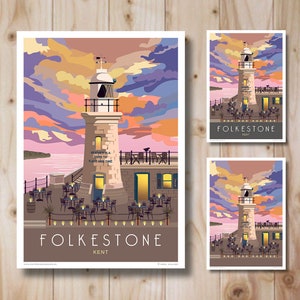 May include: A colourful illustration of a lighthouse with a restaurant on the waterfront in Folkestone, Kent. The sky is a vibrant orange, pink, and purple. The text "Weather is a third to place and time" is on a sign on the lighthouse.