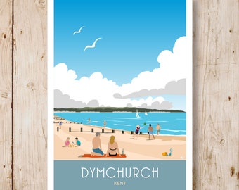 Dymchurch beach between New Romney & Hythe, Kent.  A4, A3, A2, A1 Travel Poster.