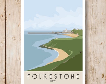 Folkestone Warren, Kent. Travel poster of Folkestone. Image sizes available A4, A3, A2, A1