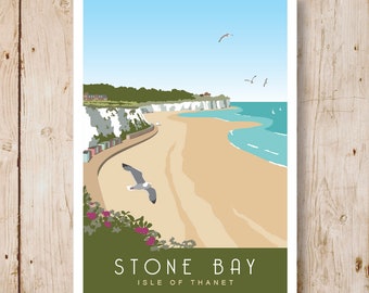 STONE BAY. Art Deco style print of Stone Bay, Kent. Portrait A4, A3, A2 in Retro, Art Deco style design