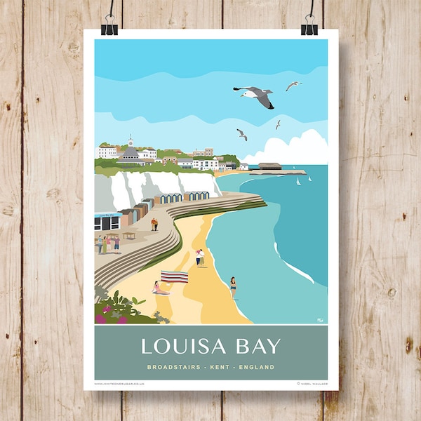 Louisa Bay with Grey Banner, Broadstairs, Thanet, Kent. Travel Poster A4, A3, A2, A1 portrait. Art Deco.