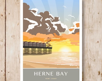 Herne Bay Pier Sunset, Kent. Travel style Poster. A4, A3, A2, A1