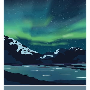 May include: A digital illustration of the Northern Lights, also known as the Aurora Borealis, over a dark mountain range and a body of water. The sky is a deep blue with green and white streaks of light.