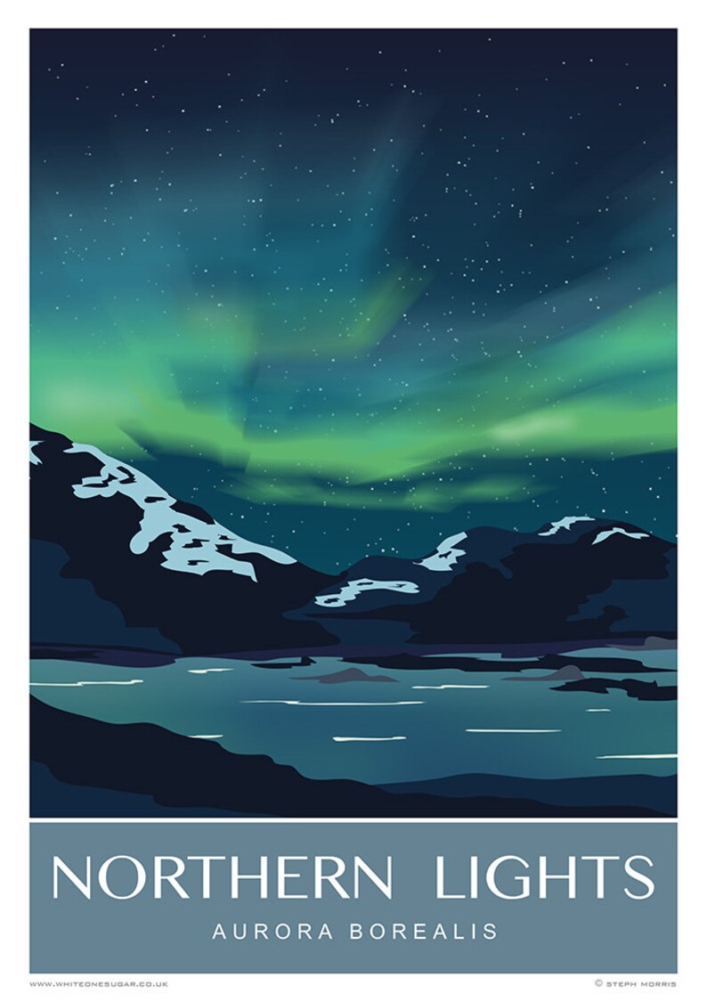 May include: A digital illustration of the Northern Lights, also known as the Aurora Borealis, over a dark mountain range and a body of water. The sky is a deep blue with green and white streaks of light.