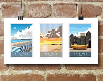 Hastings East Sussex triple mounted pictures. Travel poster Choose from over 800 prints