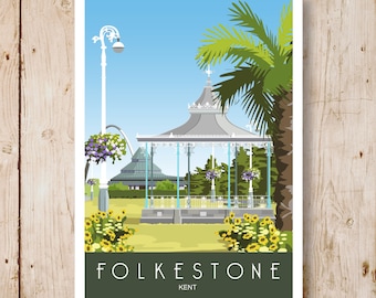 Folkestone Leas. Salle Leas Cliff et kiosque à musique. A4, A3, A2 dans un style rétro Art déco. D'autres dimensions sont maintenant disponibles