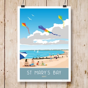 St Mary's Bay, Poster Druck, zwischen Dym Church und New Romney, Kent.  A4, A3, A2, A1 Reiseposter. Andere Größen sofort verfügbar