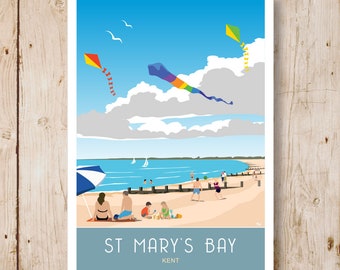 St Mary's Bay, Poster Print, between Dymchurch and New Romney, Kent.  A4, A3, A2, A1 Travel Poster