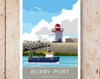 Burry Port Lighthouse, Carmarthenshire, Wales,. Art Travel Poster. A4, A3, A2, A1