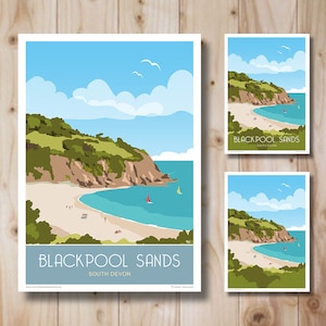 Blackpool Sands dans le sud du Devon, près de Dartmouth. Poster de voyage, South Hams. Impression d&#39;art rétro. Art mural. Impression. Art déco