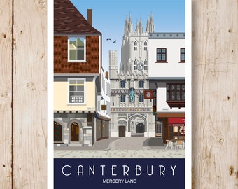 Canterbury Travel poster of Mercery Lane, Cathedral, Canterbury. A4, A3, A2. A1 Retro Style artwork. Other sizes available