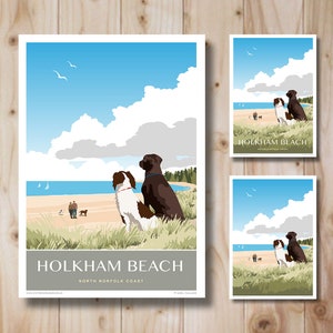 Holkham Beach Dog Walking, Print, North Norfolk, Portrait, in Retro, Art Deco style design Print, Travel Poster