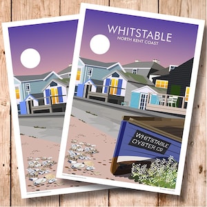 May include: A colorful illustration of a seaside town with a boat in the foreground. The boat is blue and white with the text "Whitstable Oyster Co." on the side. The town is made up of colorful houses with white trim and a purple sky in the background. The illustration is set against a wooden background.